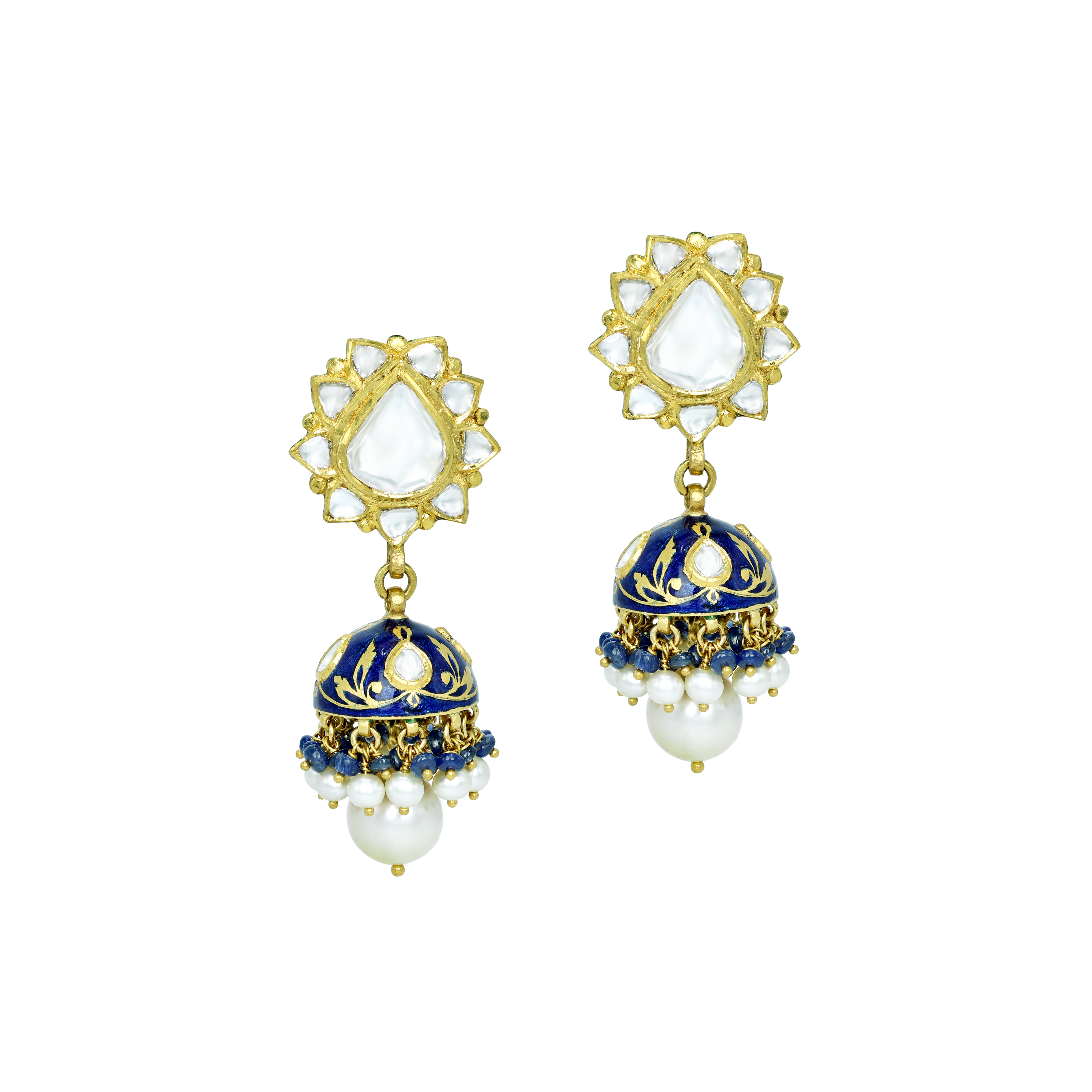 Jhumki Earrings with Blue Enamel, Polki Florals, and Pearl Details
